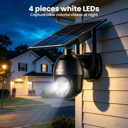 SOLIOM 4G LTE Security Camera, Solar Wireless Cellular Security Camera, 360° Pan Tilt View with Spotlight, 1080P Night Vision, 2-Way Talk, PIR Motion Sensor, No WiFi, Black