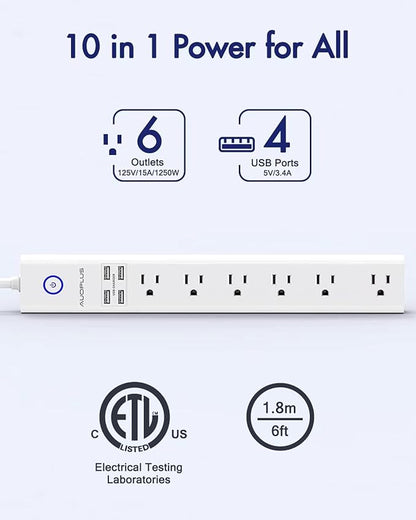 2 Pack Power Strip Surge Protector Flat Plug - 6 Widely Spaced Outlets 4 USB Charging Ports, 2100J/10A with 6Ft Long Extension Cord, Overload Surge Protection, Wall Mount for Home Office