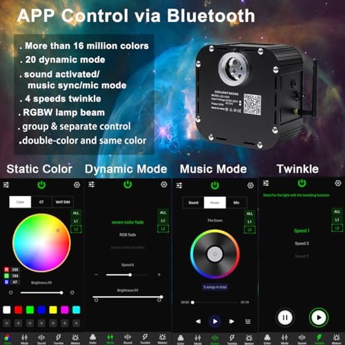 AZIMOM High Brightness 50W Twinkle Fiber Optic Starlight Kits for Theater Ceiling Headliner1000pcs 0.03in 16.5ft Fiber Strands Sound Activated Bluetooth/APP Remote Control Home Shop Lobby Roof Decor