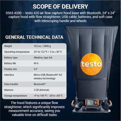 Testo 420 Flow Hood – Airflow Meter HVAC for Air Velocity, Volume Flow, Temperature & Relative Humidity – CFM Meter for Airflow HVAC with Tiltable Display, Bluetooth, and App Compatibility - With NIST