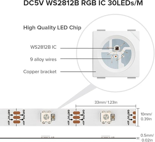 SEZO WS2812B LED Strip Light 16.4FT/5M 30Pixel/M 150LEDs DC5V Individual Addressable LED Strip SMD5050 RGB Dream Color Programmable LED Light Strip Flexible IP30 Non-Waterproof White PCB