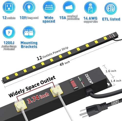 12 Outlet Long Power Strips Wide-Spaced Outlets with 10ft Cord Power Strip