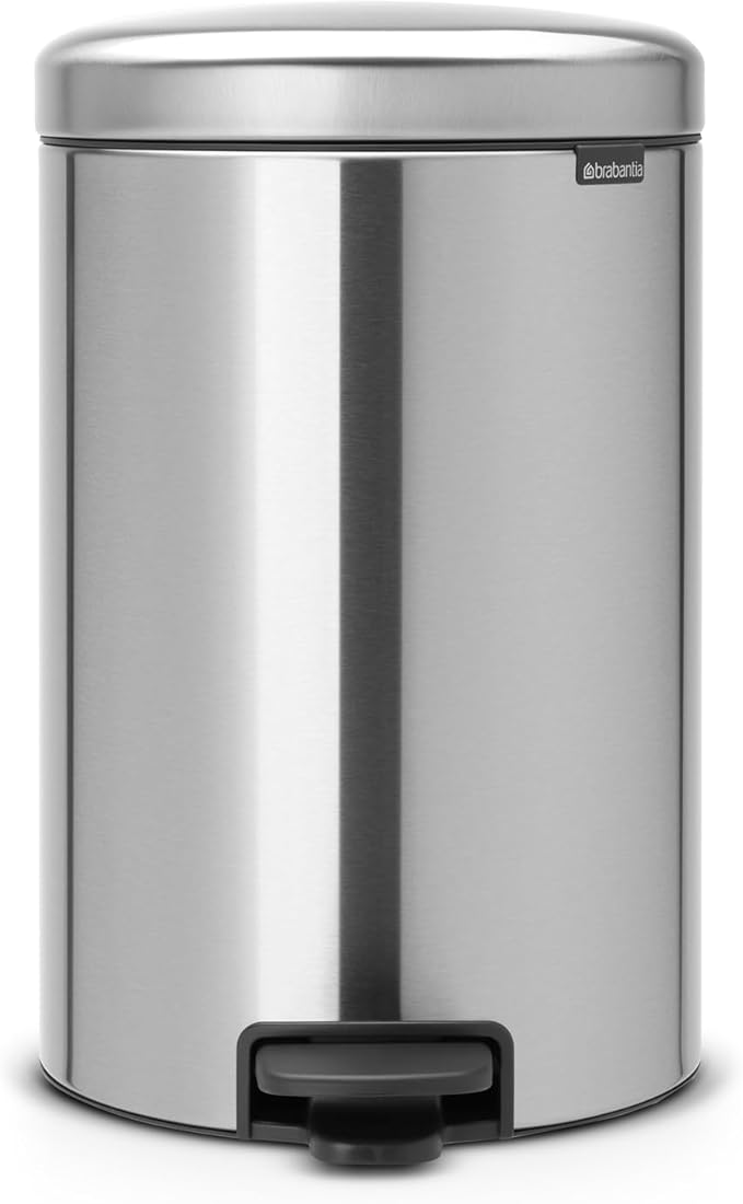 Brabantia Step-On Trash Can | Matt Steel FPP | 5.3 Gallon / 20L | Bathroom, Bedroom, Office Trash Can with Light Pedal Opening, Handle & Removable Inner Bucket | 11.4 x 15 x 18.4 | + Trash Bags
