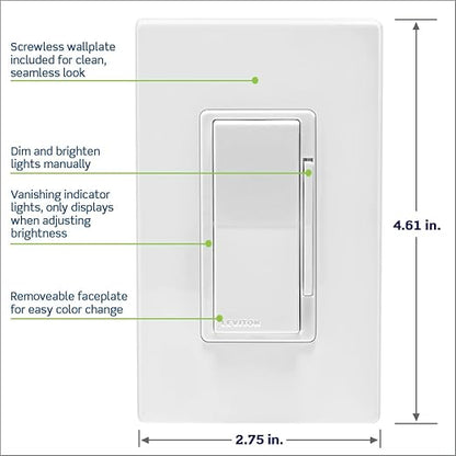 Leviton Decora Smart Dimmer Switch, Wi-Fi 2nd Gen, Neutral Wire Required, Works with Matter, Alexa, Google Assistant, Apple Home/Siri, Wired or Wireless 3-Way, D26HD-1RW, White