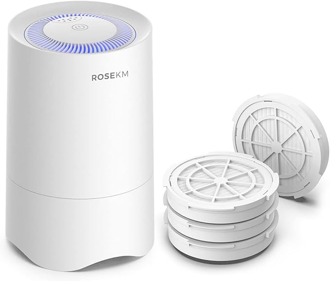 Rosekm Small Air Purifier with 1-Year Pack Replacement Filter, Personal Desk Mini HEPA Air Purifier, Room Air Freshener Cleaner for Pets, Smoke, Desktop, Office (White)