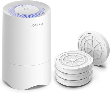Rosekm Small Air Purifier with 1-Year Pack Replacement Filter, Personal Desk Mini HEPA Air Purifier, Room Air Freshener Cleaner for Pets, Smoke, Desktop, Office (White)