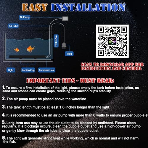 Smart App-Controlled LED Aquarium Light with 16 Million Colors, 12 Dynamic Effects, Fish Tank Light with Nano Air Bubble for Aquarium Bubbler Decorations, Submersible Fish Tank Accessories - 9.3''