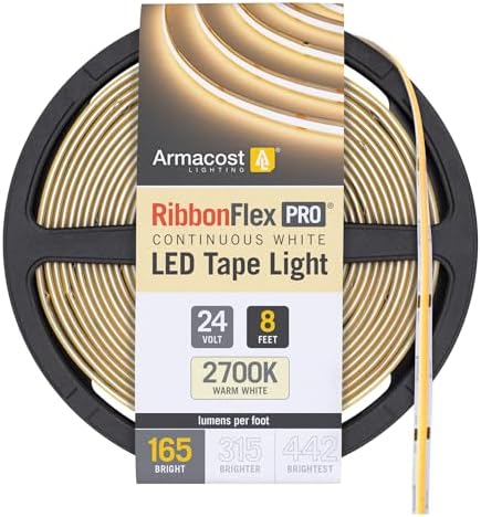 Armacost Lighting RibbonFlex Pro 24V White COB LED Strip Light Tape 2700K, 165 Lumens/Ft, 2.5M 171110
