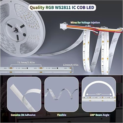 RGB Smart IC COB LED Strip Light 18ft Addressable Chasing Color 12V LED Light Strip Multicolored Flexible RGB Lights Kit with Music Mode for Party, Decoration, Home DIY Lighting Projects