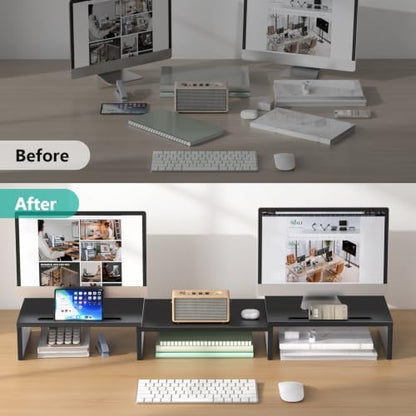 WALI Extra Long Wooden Dual Monitor Stand Riser with 2 Slots, up to 22lbs