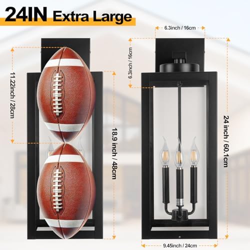 24" Extra Large Fully Enclosed Outdoor Light Fixture 3-Light, Coach Lights