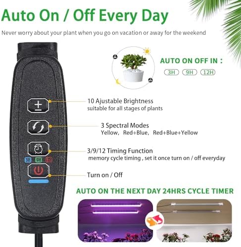 RWNTAO Two Strip Growing Lamp for Indoor Plants, Red & Blue & Yellow Full Spectrum LED Grow Light Strips with Auto ON/Off 3/9/12H Timer,10 Dimmable Levels for Green House Succulent (2 Head 13 in)