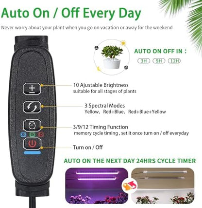 RWNTAO Two Strip Growing Lamp for Indoor Plants, Red & Blue & Yellow Full Spectrum LED Grow Light Strips with Auto ON/Off 3/9/12H Timer,10 Dimmable Levels for Green House Succulent (2 Head 13 in)