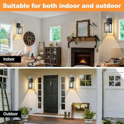 14 IN Dusk To Dawn Outdoor Light Fixture,Double Cage Satin Black Outdoor Wall Lanterns For House,Front Porch,Patio,Yard With Clear Tempered Glass,Waterproof Exterior Wall Light,E26 Base,1 Pack