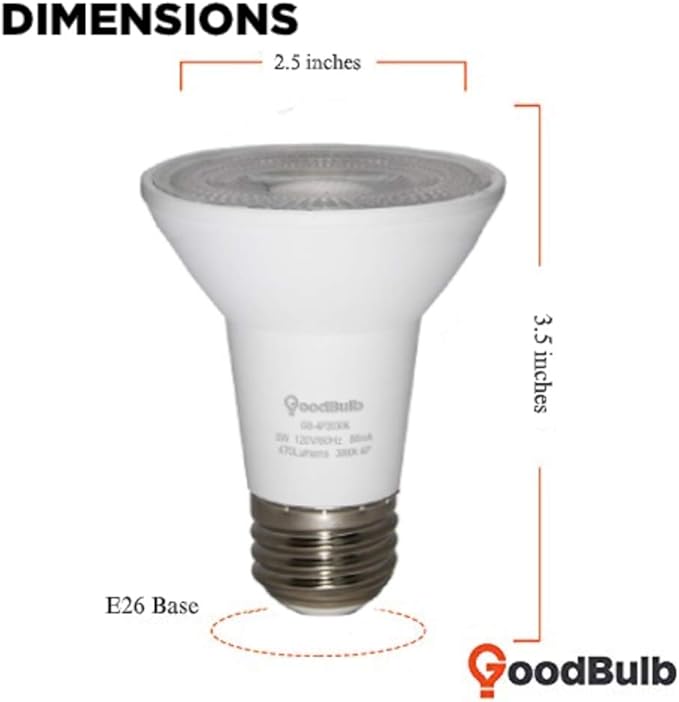 GoodBulb Commercial Grade LED Light Bulb - 7 Watt & 470 Lumens - Features PAR20 Shape & E26 Base - 3000K Warm White Light - 120V Fully Dimmable Bulb - 4 Pack