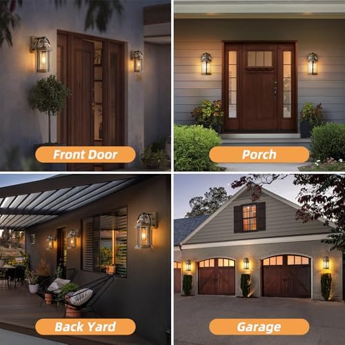 OKELI Dusk to Dawn Outdoor Wall Lights, Waterproof Lighting Fixtures Rustic Farmhouse Wall Lanterns with Clear Glass Shades Anti-Rust Outside Lights for Garage Patio Porch(Wood Grain, 2 Pack)