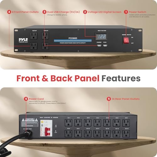 PylePro PDU Power Strip Surge Protector - 3000 Watt 15 Amp 20 Outlet Heavy Duty Electric Extension Cord - 2U Rack Mount Power Conditioner w/ AC Filter - PCO885