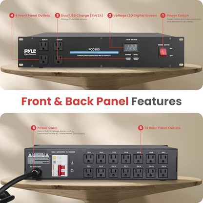 PylePro PDU Power Strip Surge Protector - 3000 Watt 15 Amp 20 Outlet Heavy Duty Electric Extension Cord - 2U Rack Mount Power Conditioner w/ AC Filter - PCO885