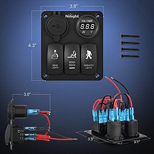 Nilight 3 Gang Rocker Switch Panel 5PIN On Off Laser Pattern Toggle | SPST 12V/20A 24V/10A Dual USB Charger LED Voltmeter Pre-Wired for Rear Rock Sasquatch Lights RV Boats 4X4 Blue