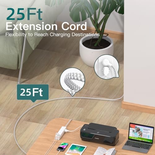 25FT Extra Long Extension Cord, Power Strip with 12 AC Outlets & 4 USB Port