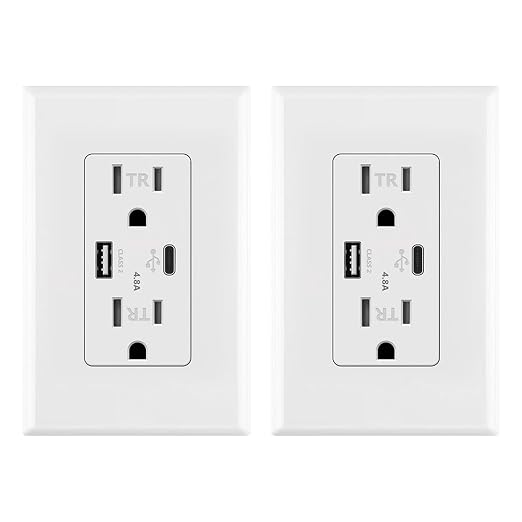 Micmi USB Outlet with C + A Wall Dual High Speed Receptacle Smart 4.8A Fast Charging Capability, 15Amp 125Volt, Tamper Resistant Wall Plate Included ETL Listed (2Pack, White, 15 Amp Outlet)