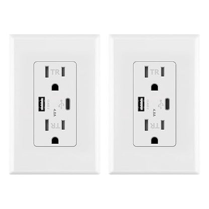 Micmi USB Outlet with C + A Wall Dual High Speed Receptacle Smart 4.8A Fast Charging Capability, 15Amp 125Volt, Tamper Resistant Wall Plate Included ETL Listed (2Pack, White, 15 Amp Outlet)
