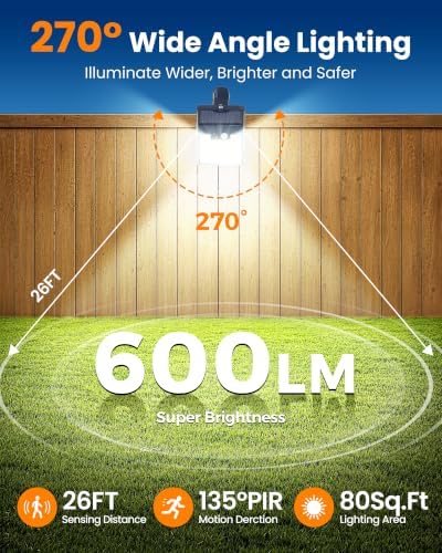 2 Pack Clip On Solar Lights Outdoor, 600LM Motion Sensor Solar Fence Lights, No Drill Installation Solar Lights for Fence Deck Railing Gutter, IP65 Waterproof Outdoor Security Lights