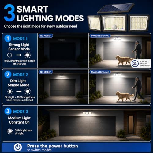 Solar Outdoor Lights Motion Sensor, 2500LM 286 LED Security Flood Lights with Visual Battery & Mode Display, 3 Lighting Modes, IP65 Waterproof 3-Head Wide Angle for Garage, Yard, Patio (6 Pack)