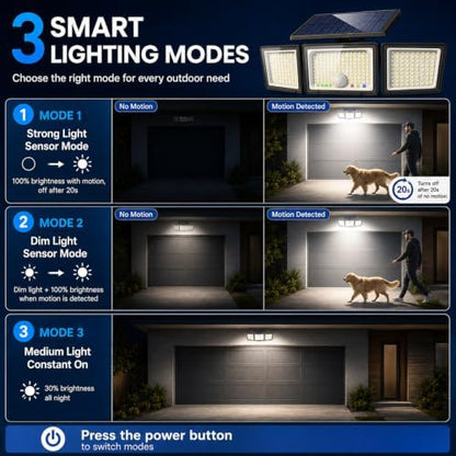 Solar Outdoor Lights Motion Sensor, 2500LM 286 LED Security Flood Lights with Visual Battery & Mode Display, 3 Lighting Modes, IP65 Waterproof 3-Head Wide Angle for Garage, Yard, Patio (6 Pack)