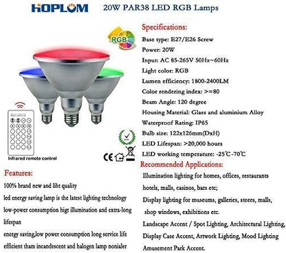 20W PAR38 RGB Colored LED Spotlight Outdoor, E27/E26 Color Changing Light Bulb, Waterproof Flood Light with Remote for Holiday Home Party Decoration