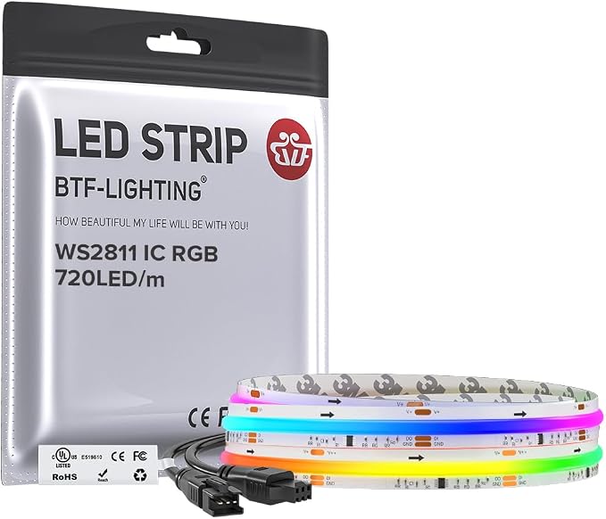 BTF-LIGHTING 3.28FT WS2811 Smart IC RGB DC24V FCOB COB LED Strip Light | UL Listed 720LEDs/m High Density Color Chasing Light 12mm Width for Home Party DIY Lighting(No Adapter or Controller)