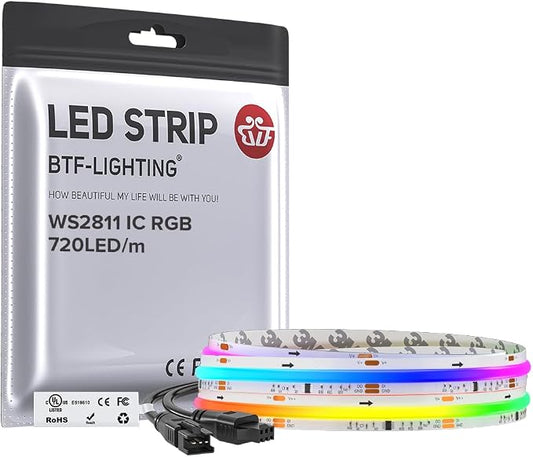 BTF-LIGHTING 3.28FT WS2811 Smart IC RGB DC12V FCOB COB LED Strip Light | UL Listed 720LEDs/m High Density Color Chasing Light 12mm Width for Home Party DIY Lighting(No Adapter or Controller)
