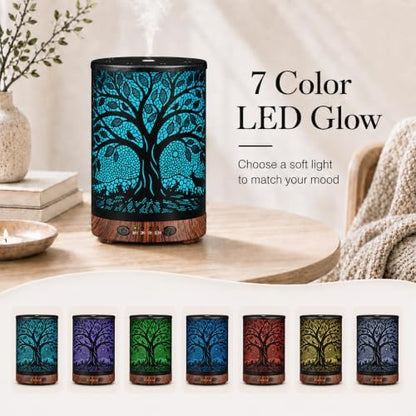 Essential Oil Diffuser, 120 ml Aromatherapy Diffuser with 7 Color Lights, Auto Shut-Off and 4 Timer Settings, Ultrasonic Cool Mist Diffuser for Home Room Office (Harvest Tree)