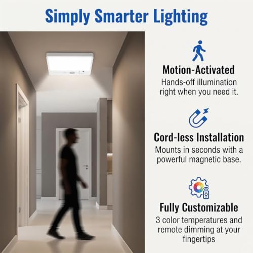 Rechargeable Motion Sensor Ceiling Light with Remote 500LM Wireless Magnetic Mount LED for Closet Shower Stairs Pantry, 3 Color Temperatures Dimmable Battery Operated