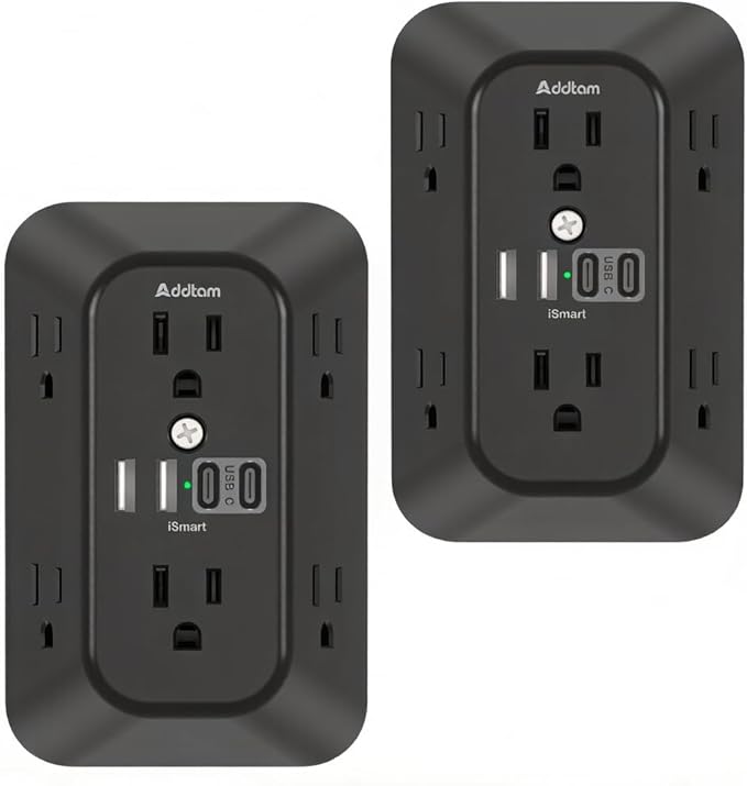 Addtam 6-Outlet Extender Surge Protector, Multi Plug Wall Outlet with 4 USB Wall Charger(2 USB C Ports), Plug Extension Outlet with 1800J, Outlet Splitter Power Strip for Home Office, 2 Pack, Black