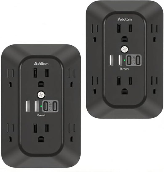 Addtam 6-Outlet Extender Surge Protector, Multi Plug Wall Outlet with 4 USB Wall Charger(2 USB C Ports), Plug Extension Outlet with 1800J, Outlet Splitter Power Strip for Home Office, 2 Pack, Black