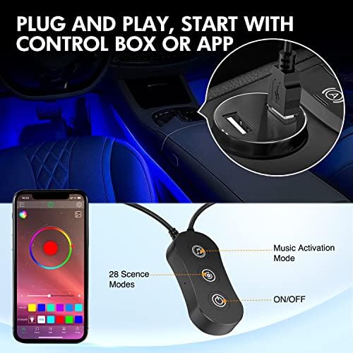 Nilight 4PCS USB Car Interior Lights RGB App and Button Control | 5V DC Multi Color Music Car Neon Accent Light Strips Under Dash Lighting Kit with Sound Active Function
