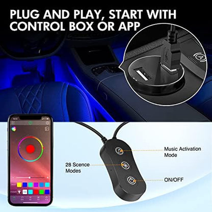 Nilight 4PCS USB Car Interior Lights RGB App and Button Control | 5V DC Multi Color Music Car Neon Accent Light Strips Under Dash Lighting Kit with Sound Active Function