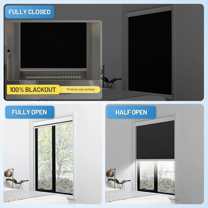 Motorized Blinds with Remote, [Free Solar Panels] Cordless Smart Blinds with Valance Cover, Blackout Electric Blinds with Remote Control, Automatic Roller Shades for Windows Light Black 35" W x 72" H