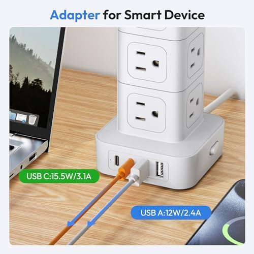 NTONPOWER Power Strip Tower with USB C Ports, 1080 Joules Surge Protector Tower, 1625W / 13A Overload Protection, 15 ft Extension Cord with Multiple Outlets, Power Outlet Tower for Home Office Dorm