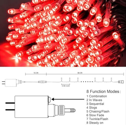 LJLNION 300 LED Valentines Lights, Extra Long 98.5FT Christmas String Lights Outdoor Indoor, 8 Lighting Modes, Plug in Waterproof Fairy Lights for Wedding Party Bedroom Decorations (Red)