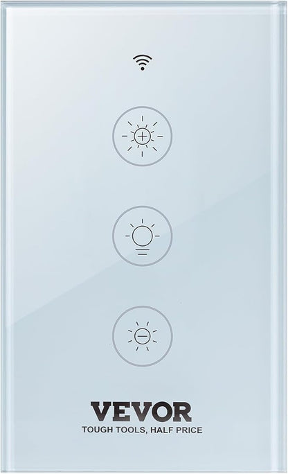 VEVOR Smart Dimmer Switch, Wi-Fi 2.4GHz, Dimmable Smart Switch with Tempered Glass Touch Panel, 15% to 85% Stepless Dimming, Voice App Remote Control, Works with Alexa Google Home, for LED Lights