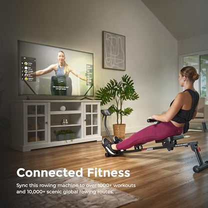 Sunny Health & Fitness Compact Hydraulic Rower with 12-Level Resistance | Full-Body Cardio, Joint-Friendly, Lightweight & Portable, Quiet & Smooth Row, Easy-Assembly, Free SunnyFit App