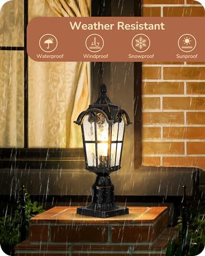 EDISHINE Dusk to Dawn Outdoor Post Light with Pier Mount Base, Hardwired Black Roman Waterproof Pole Lantern Fixture, Water Ripple Glass Exterior Lamp Post Light for Driverway, Patio, Pathway