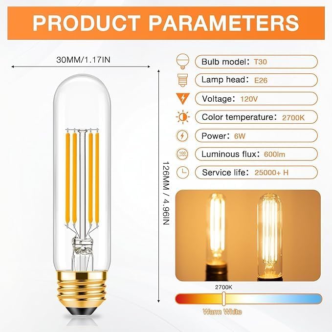 ToBeGreat T30 Light Bulbs Dimmable Filament Bulb 6 Watt Equivalent 60W Bulb E26 Tubular Bulbs T10 Edison LED Warm White 2700K,Desk Lamp,Kitchen Cafes Restaurants Bedbroom Bathroom,6 Pack