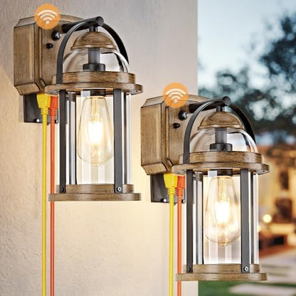 OKELI Dusk to Dawn Outdoor Wall Lights with GFCI Outlet, Waterproof Rustic Farmhouse Wall Lanterns with Clear Glass Shades, Anti-Rust Outside Fixture Lights for Garage Patio Porch, Wood Grain, 2 Pack
