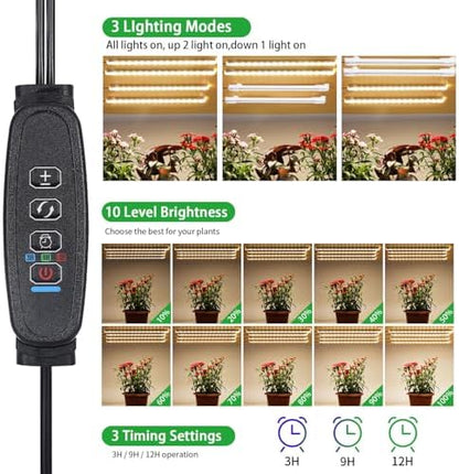 8.6 Inches LED Grow Light Strips, Grow Lights for Indoor Plants Full Spectrum 3500K, 104 LEDs Plant Light with 10 Dimmable Levels, 3/9/12H Timer for Seedling Succulent and Plant Shelf, 4 Head 1 Pack