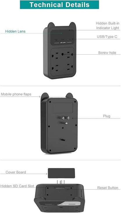 2026 Upgraded Hidden Camera - Outlet Camera - HD 2K Mini Wireless Nanny Cam Security Camera With Motion Detection - 120° Wide Angle for Discreet Home Indoor Security (Black+128G SD Card)