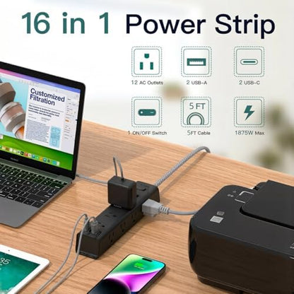 Power Strip Surge Protector with 12 AC Outlets 4 USB, 5FT Extension Cord