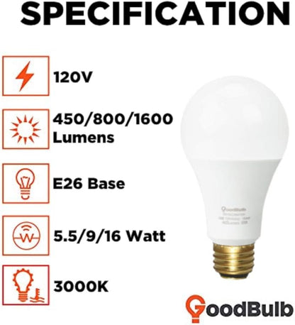 GoodBulb 3-Way LED Light Bulb A21, 40/60/100-Watt Equivalent, 3000K Warm White, 450/800/1600-Lumens, Non-Dimmable, E26 Base (Pack of 2)
